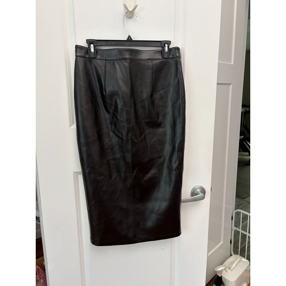 GUESS Black Faux Leather Zip Front Pencil Skirt Womens Med Midi Slit Flawed